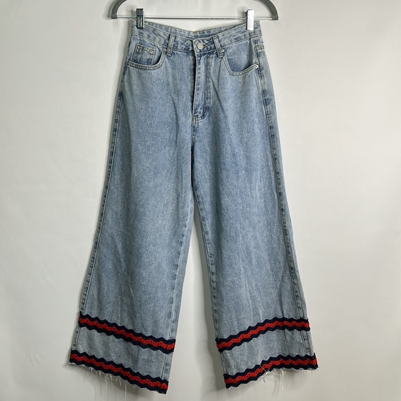 Cider wide leg 11.5” rise embroidered distressed jeans - Picture 1 of 8
